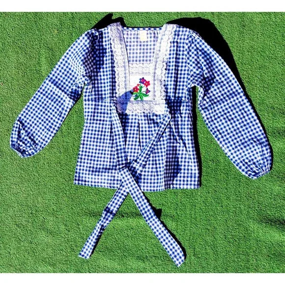 Vintage Gingham Cottage Lace & Floral Embroidered Top Pullover L/S Blouse NOS - Picture 5 of 6